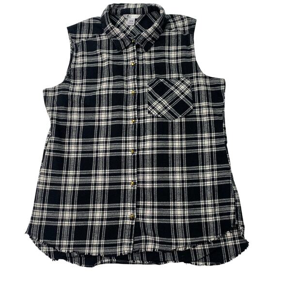 Volcom Womens Small Sleeveless Button Front Flannel Shirt Black White Plaid Raw - Picture 1 of 7